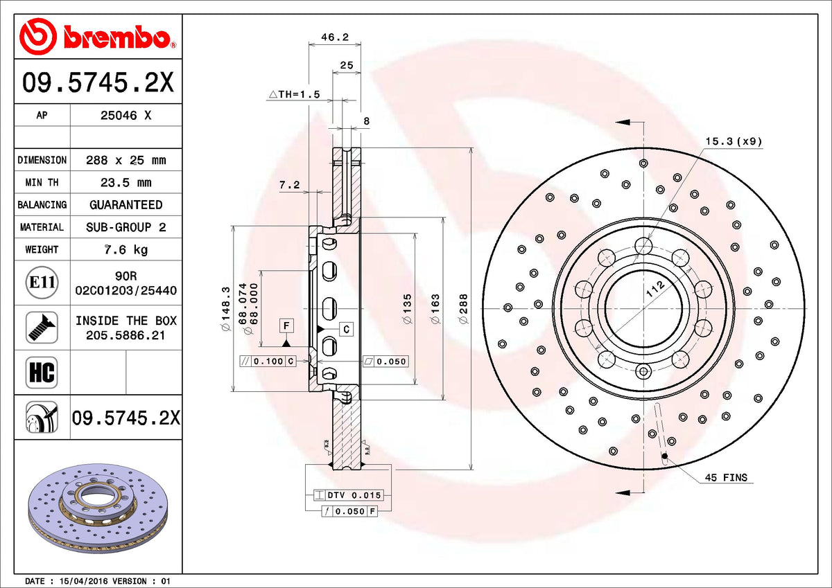 BREMBO 0957452XC02 Brembo 09.5745.2X Xtra UV Coated vented drilled Front Brake Rotor AUDI/AUDI (FAW)/HONGQI/SEAT/SKODA/VW/VW (SVW) OE# JZW615301F