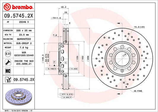 BREMBO 0957452XC02 Brembo 09.5745.2X Xtra UV Coated vented drilled Front Brake Rotor AUDI/AUDI (FAW)/HONGQI/SEAT/SKODA/VW/VW (SVW) OE# JZW615301F