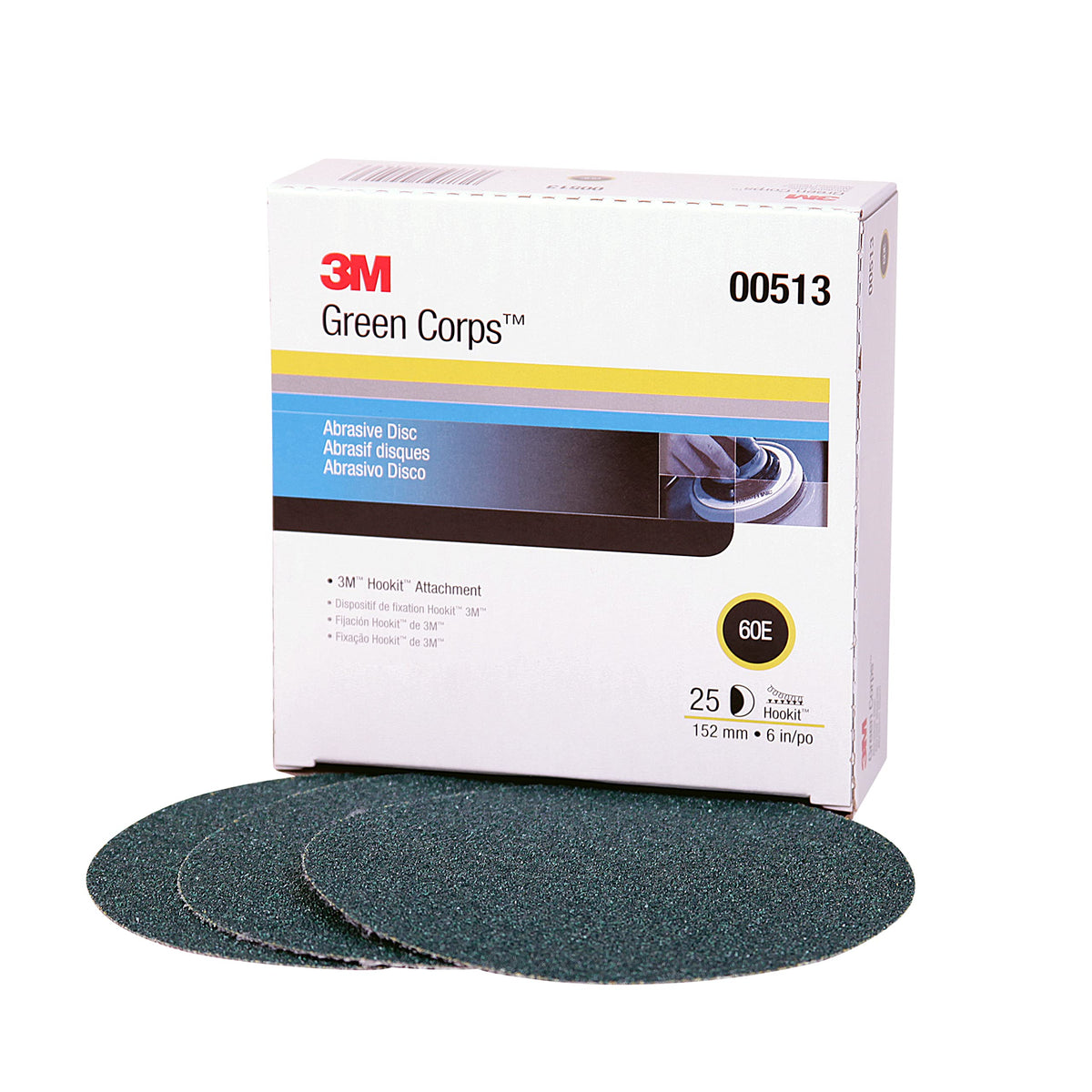 3M 00513 3M Green Corps Hookit Sanding Discs, 00513, No Hole, 6 in, 60+ Grade