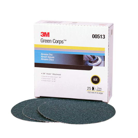 3M 00513 3M Green Corps Hookit Sanding Discs, 00513, No Hole, 6 in, 60+ Grade