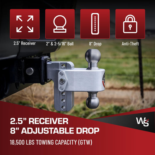 WEIGH SAFE LTB8-2.5-KA Weigh Safe Adjustable Trailer Hitch Ball Mount, 8" Adjustable Drop Hitch for 2.5" Receiver w/2 pc Keyed Alike Lock Set, Heavy Duty Aluminum Trailer Tow Hitch w/Stainless Steel Tow Balls,18,500 lbs GTW