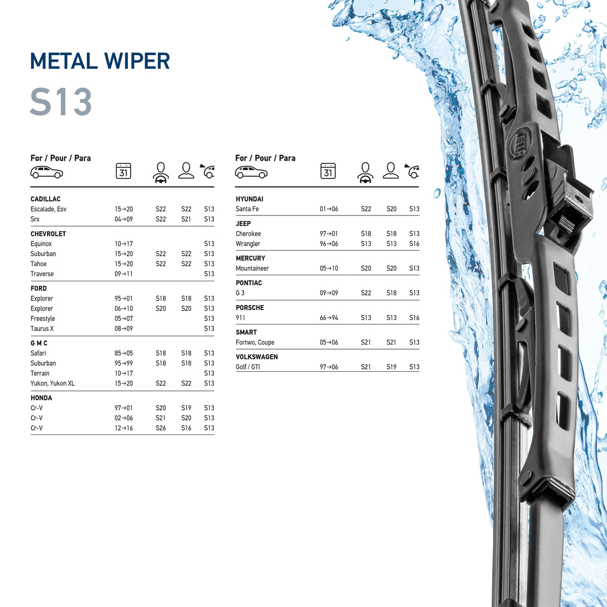 HELLA 858083131 Hella OE Quality 13 Inch All Seasons Streak-Free Rubber Standard Wiper Blade (Single Blade) fit select Cadillac Chevrolet Ford GMC Honda Hyundai Jeep Mercury Pontiac Porsche Volkswagen / 398114013