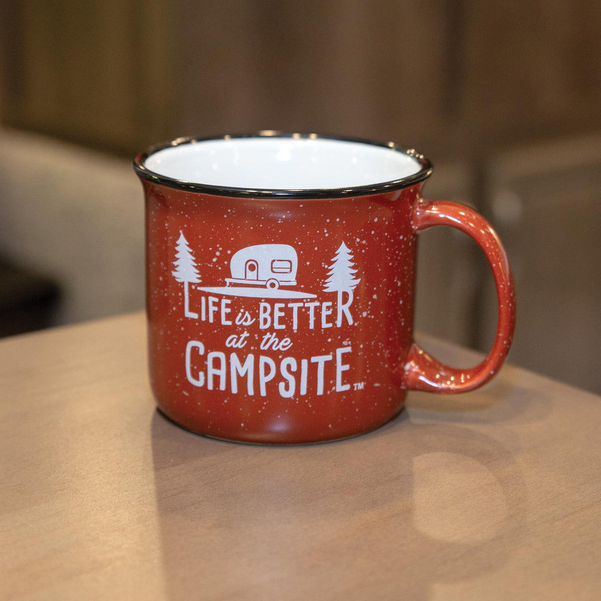 CAMCO 53235 Camco Life is Better at the Campsite Ceramic Mug – Microwave and Dishwasher Safe – Speckled Red Background with White "Life is Better at the Campsite" Design – 14oz. (53235)