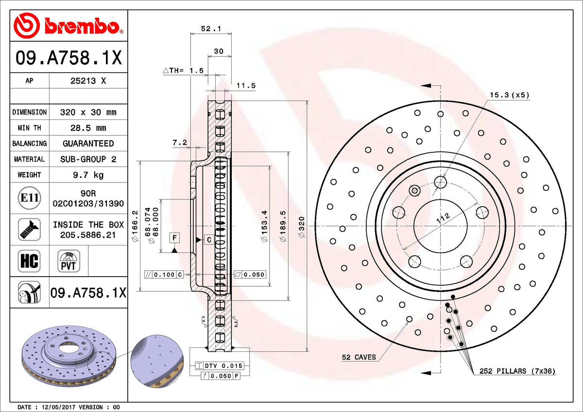 BREMBO 09A7581XC02 Brembo 09.A758.1X Xtra UV Coated Pillar Vented drilled Front Brake Rotor AUDI/AUDI (FAW) OE# 8K0615301A