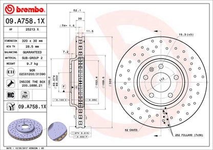BREMBO 09A7581XC02 Brembo 09.A758.1X Xtra UV Coated Pillar Vented drilled Front Brake Rotor AUDI/AUDI (FAW) OE# 8K0615301A
