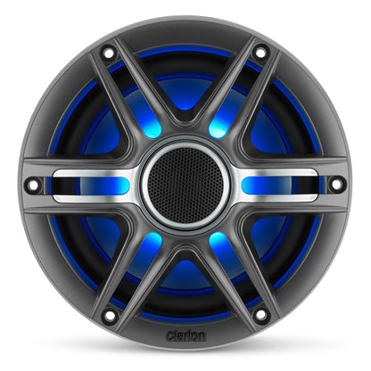 CLARION 010-03048-00 Clarion CMSP-651RGB-SWG Premium 6.5-inch Coaxial Marine Speakers with Built-in RGB Illumination, 50W RMS, with White & Gray Metallic Grilles