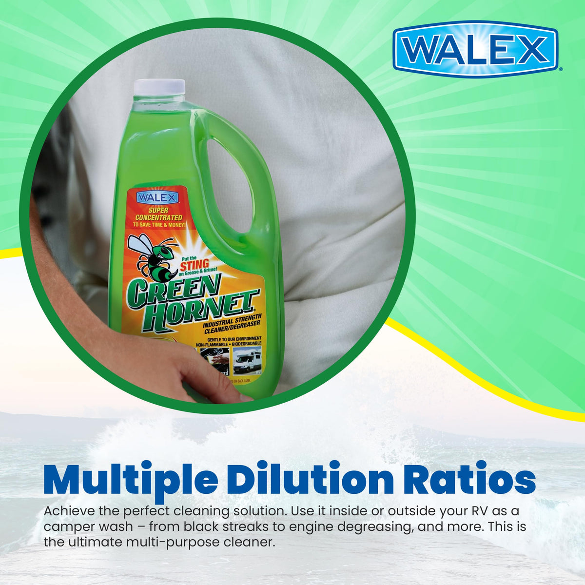 WALEX GH64OZ Walex Green Hornet Heavy Duty Degreaser Cleaner Multi-Purpose for Car, Home, RV Awning, Shower, Rubber Roof, Black Streak Remover, GH64OZ, 64 oz.