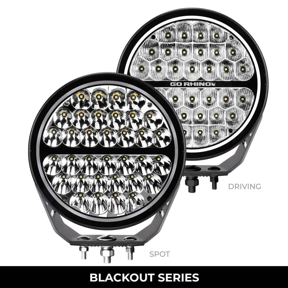 GO RHINO 751700911DRS Go Rhino Xplor Lighting: Blackout Series 9" Round Single Driving Kit w/ Daytime Running Lights | Surface Mount ( Threaded Stud Mount), Aluminum, Black | 751700911DRS