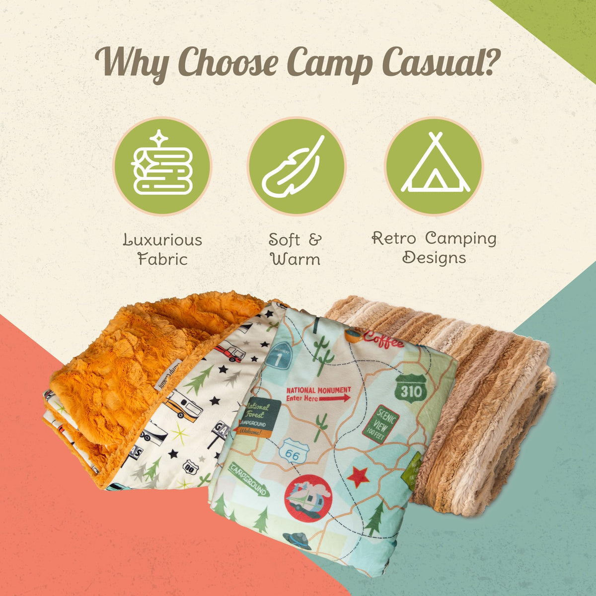 CAMP CASUAL CC-005RTG Throw Blanket for Camping - Plush Reversible Camping Blanket for Indoor & Outdoor Settings - Machine Washable Soft Blanket - 100% Polyester Cozy Blanket with Retro-Inspired Patterns, Camp Casual