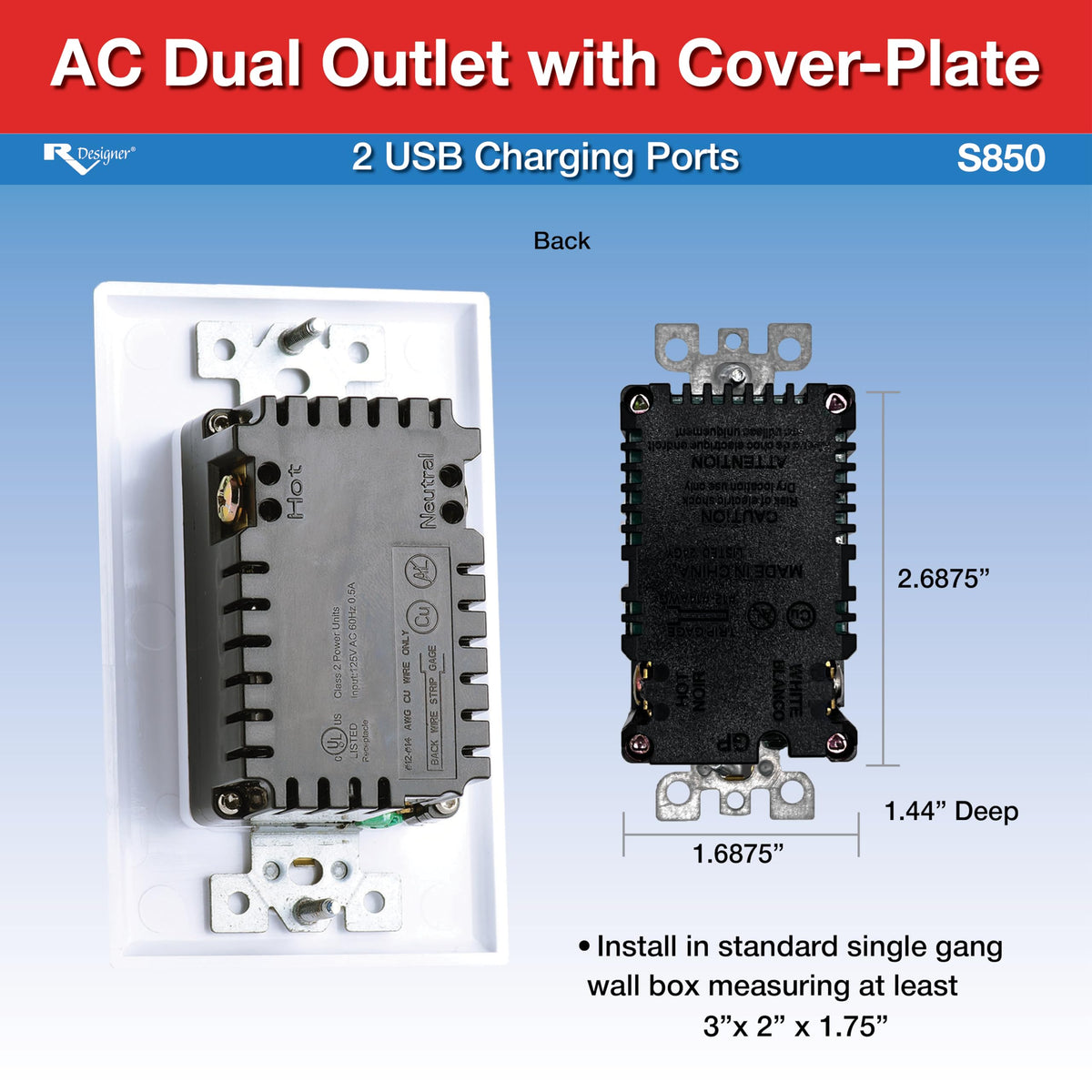 RV DESIGNER S850 RV Designer S850 Dual AC Outlet w/Cover Plate & 2 USB Charging Ports White