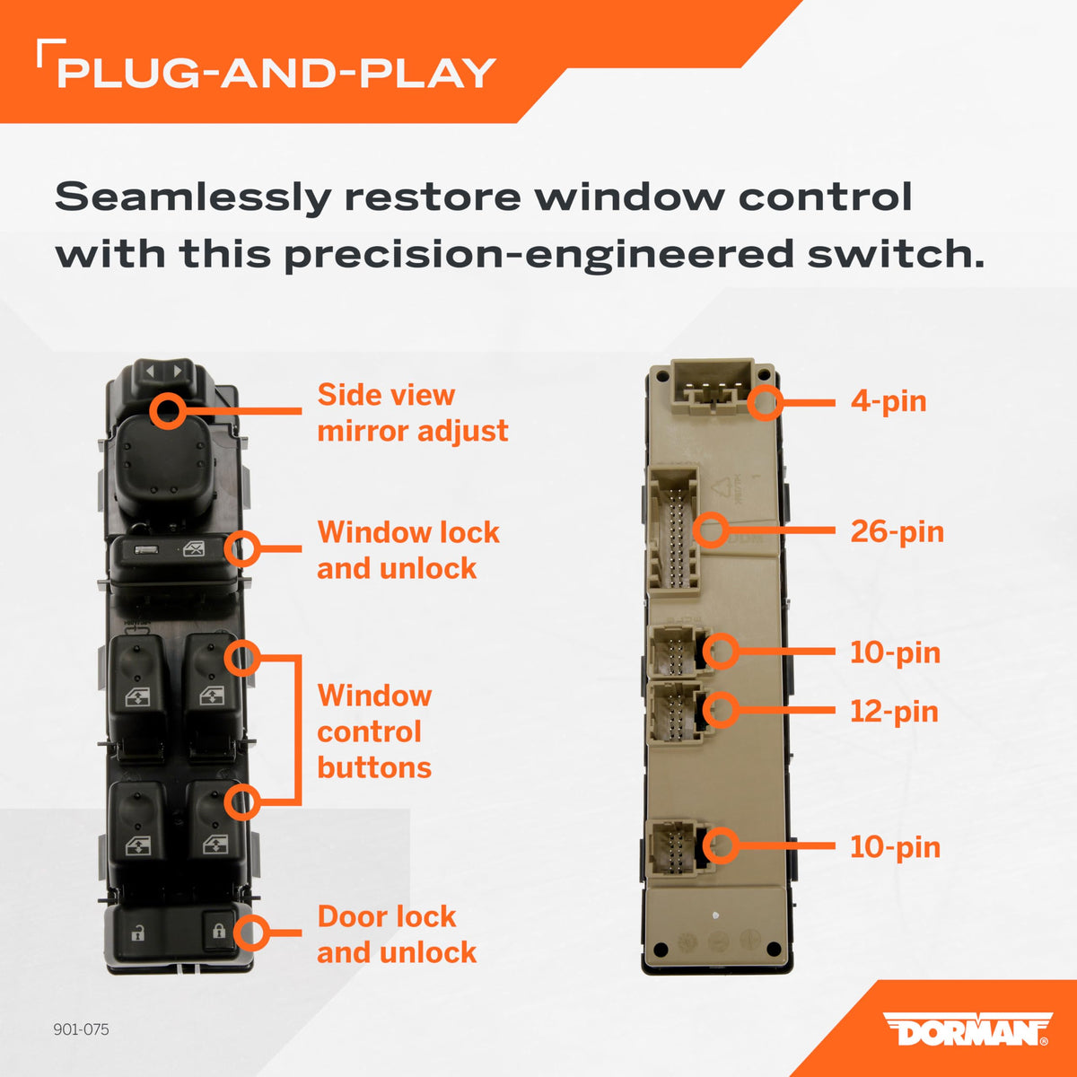 DORMAN 901-075 Dorman 901-075 Front Driver Side Master Window Switch - 8 Button, Power Mirror (Non-folding only) Compatible with Select Cadillac/Chevrolet/GMC Models