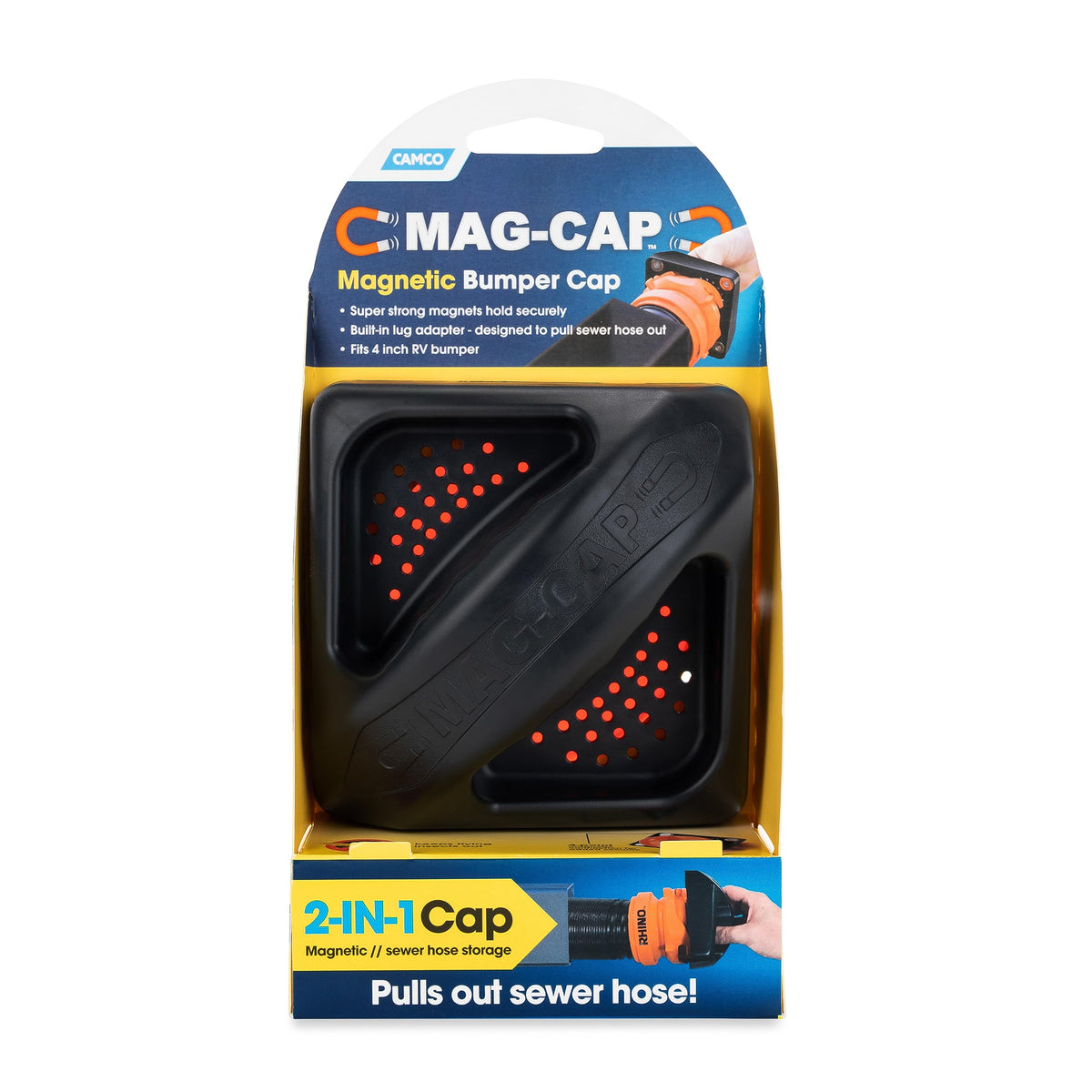 CAMCO 40311 Camco Magnetic Camper/RV Bumper Cap with Lug Fitting End – Features Small Holes to Increase Airflow and Block Insects & High-Strength Neodymium Magnets – Fits 4" Standard RV Square Bumpers (40311)