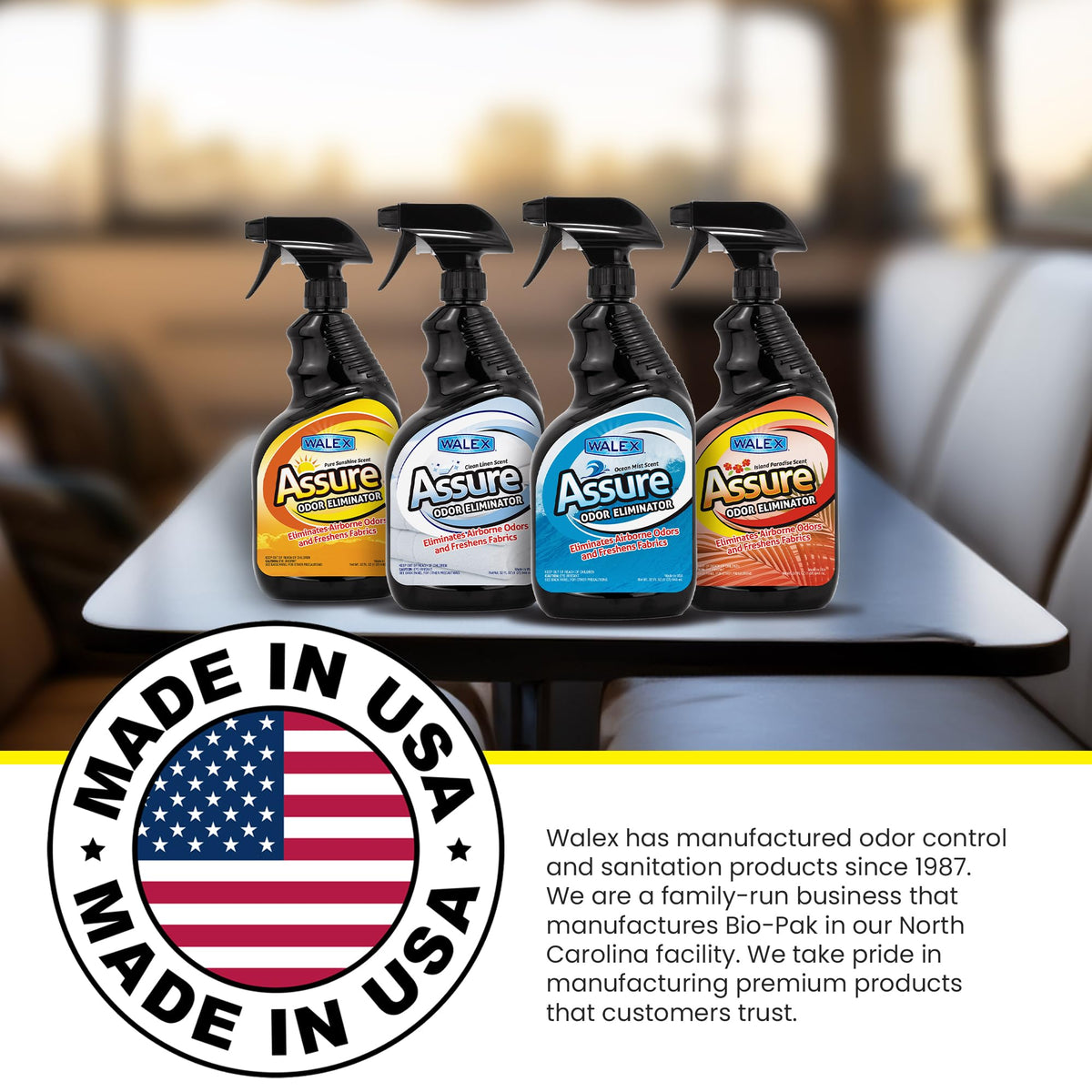 WALEX ASSURE32CL Walex Assure RV Odor Eliminator Air Freshener Spray - Neutralizes Airborne Odors & Freshens Fabrics, Instant Odor Elimination with Natural Essential Oils, Pet Safe, Long Lasting; Clean Linen, 32 oz