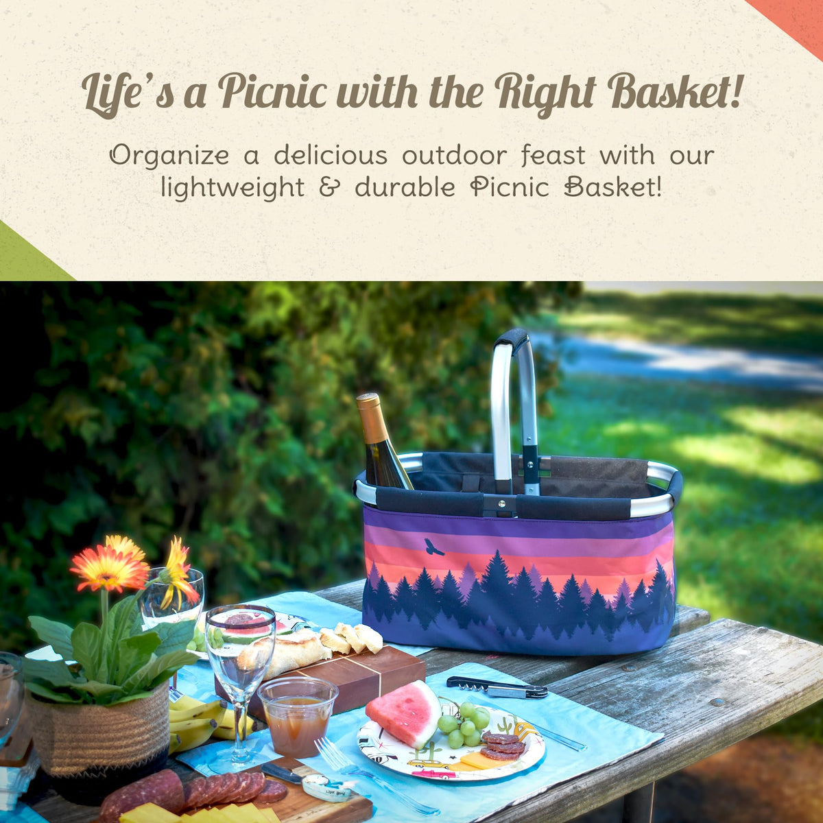 CAMP CASUAL CC-010SSB Picnic Basket for Camping - Collapsable Picnic Basket for Picnics, Grocery, & Festivals - Sturdy Food Picnic Basket with Zipper Pocket & Built-in Clip - 16” x 17” Scenic Sunset Basket, Camp Casual