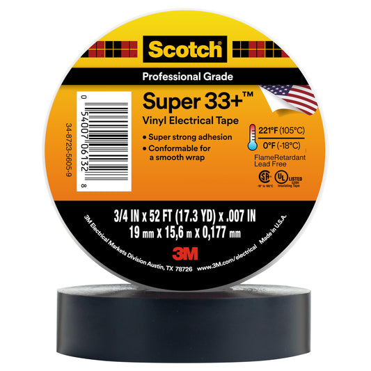 3M 06133 3M Scotch Super 33+ Electrical Tape, 3/4 in x 52 ft, 1 Roll, Black