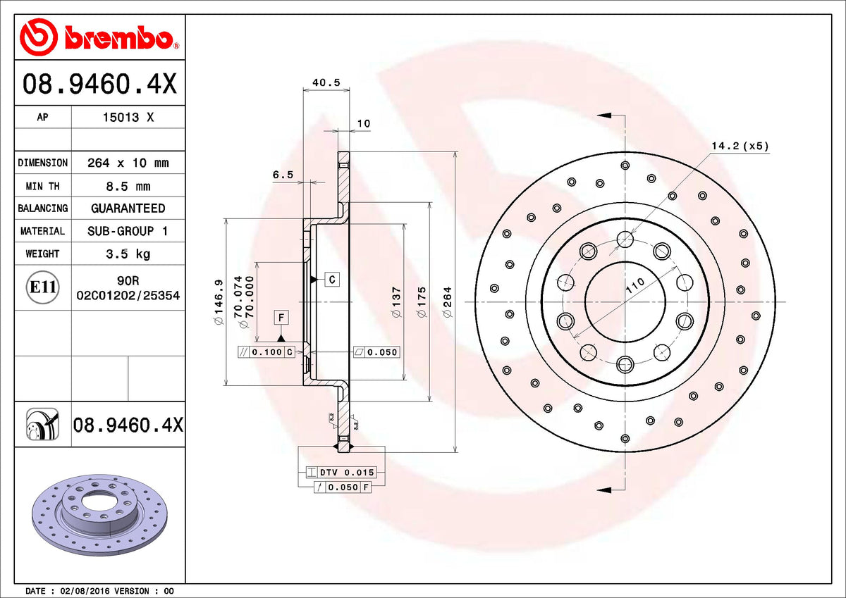 BREMBO 0894604XC02 Brembo 08.9460.4X Xtra UV Coated solid drilled Rear Brake Rotor ALFA ROMEO/FIAT (GAC) OE# 51806283