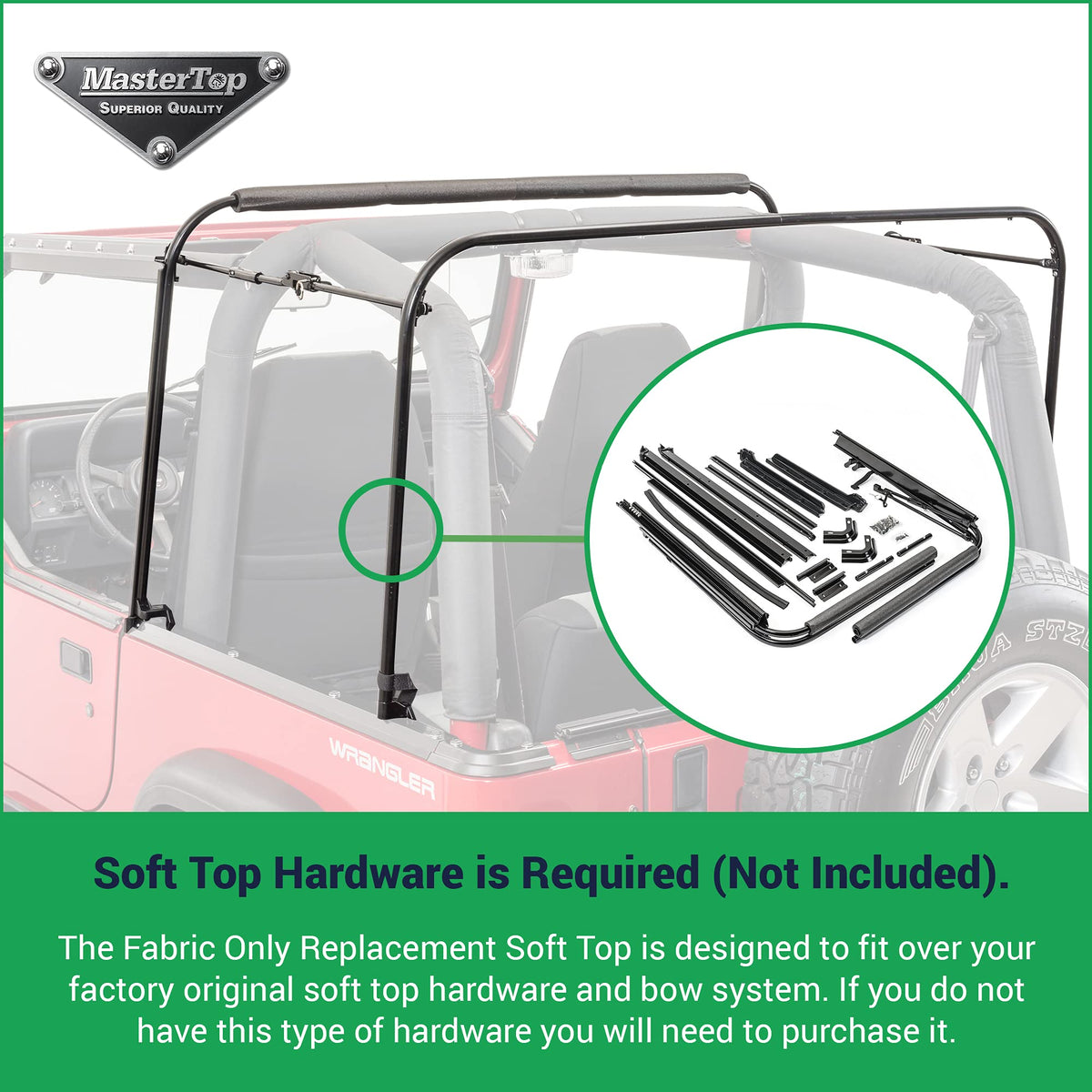 MASTERTOP 15111135 MasterTop Replacement Soft Top in Black Diamond Sail Cloth Fabric – Fits 1988-1995 Jeep YJ Wranglers – Tinted Replaceable Windows – Requires Original Factory Bow System for Install – 15111135