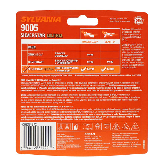 SYLVANIA 35614 SYLVANIA 9005 SilverStar Ultra Halogen Headlight Bulb, 2 Bulbs
