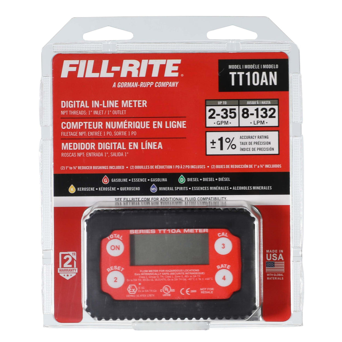 FILL RITE TT10AN Fill-Rite TT10AN 1" 2-35 GPM(8-132 LPM) Digital In-line Turbine Meter, Aluminum, Fuel Transfer Meter,Black/Red