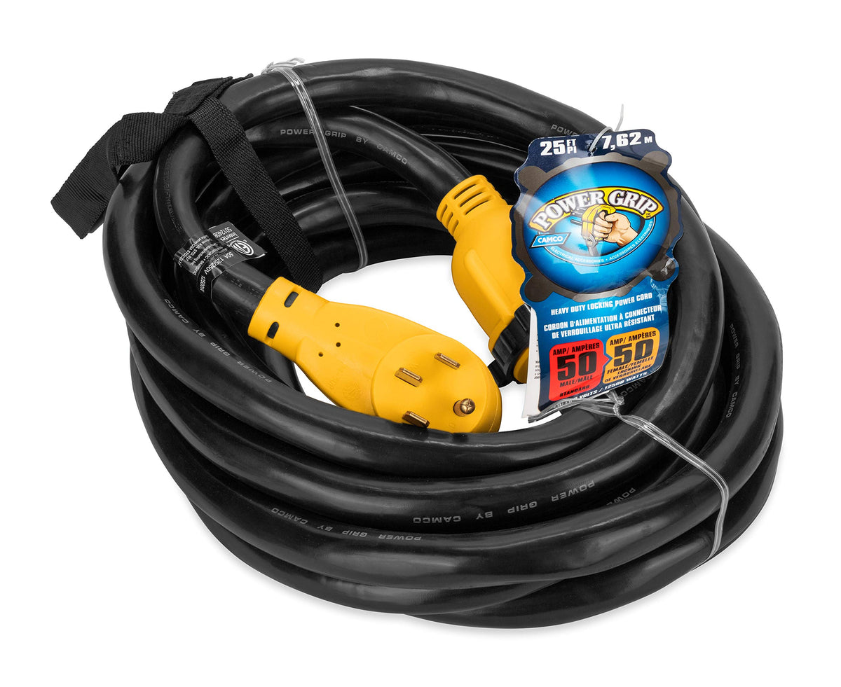 CAMCO 55542 Camco PowerGrip 25-Foot 50-Amp RV Extension Cord | Features a 50-Amp Standard Male Connector, a 50-Amp Locking Female Connector, and is Rated for 125/250 Volts/12500 Watts (55542)