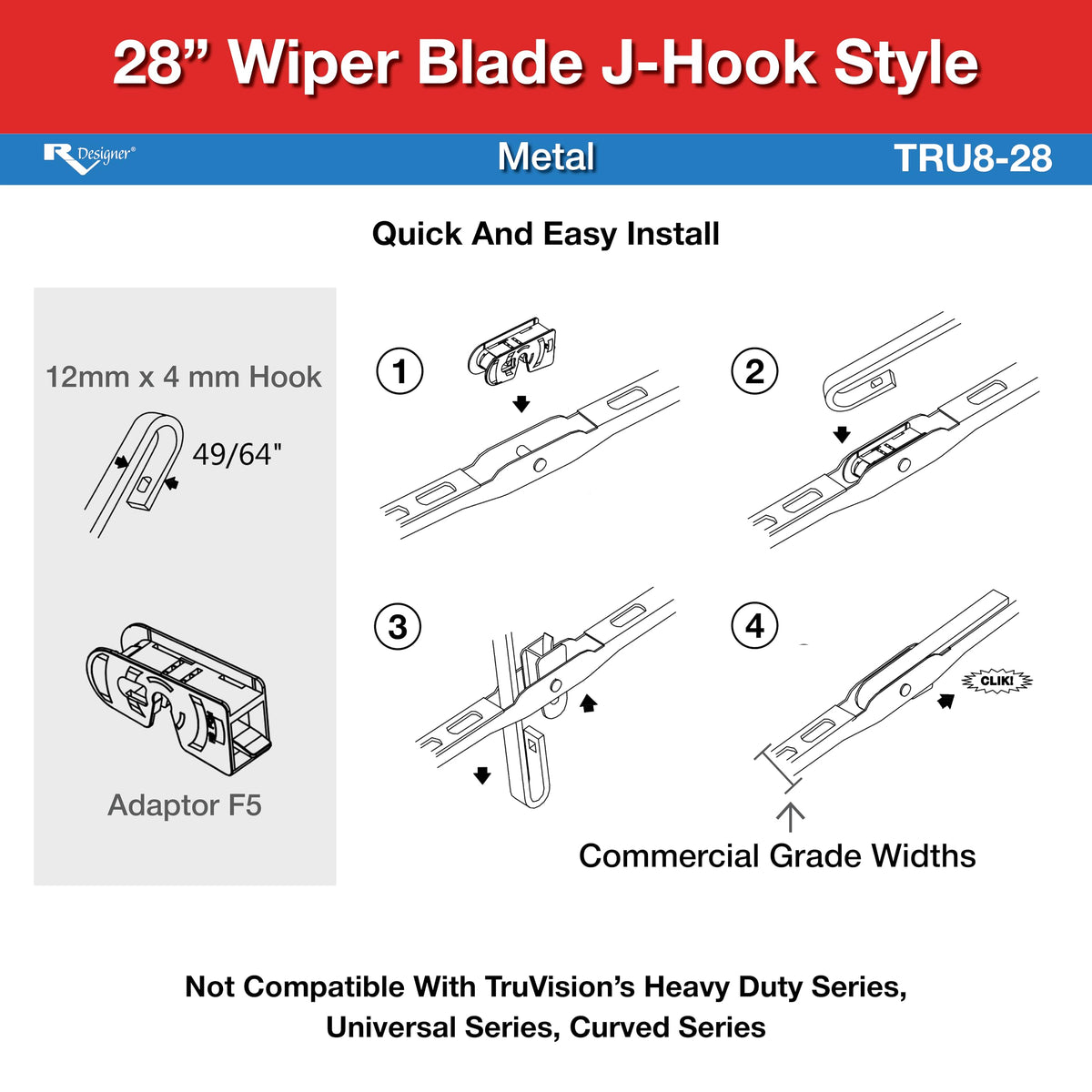 RV DESIGNER TRU8-28 Rv Designer TRU8-28 28' WIPER BLADE METAL J-HOOK AVAI