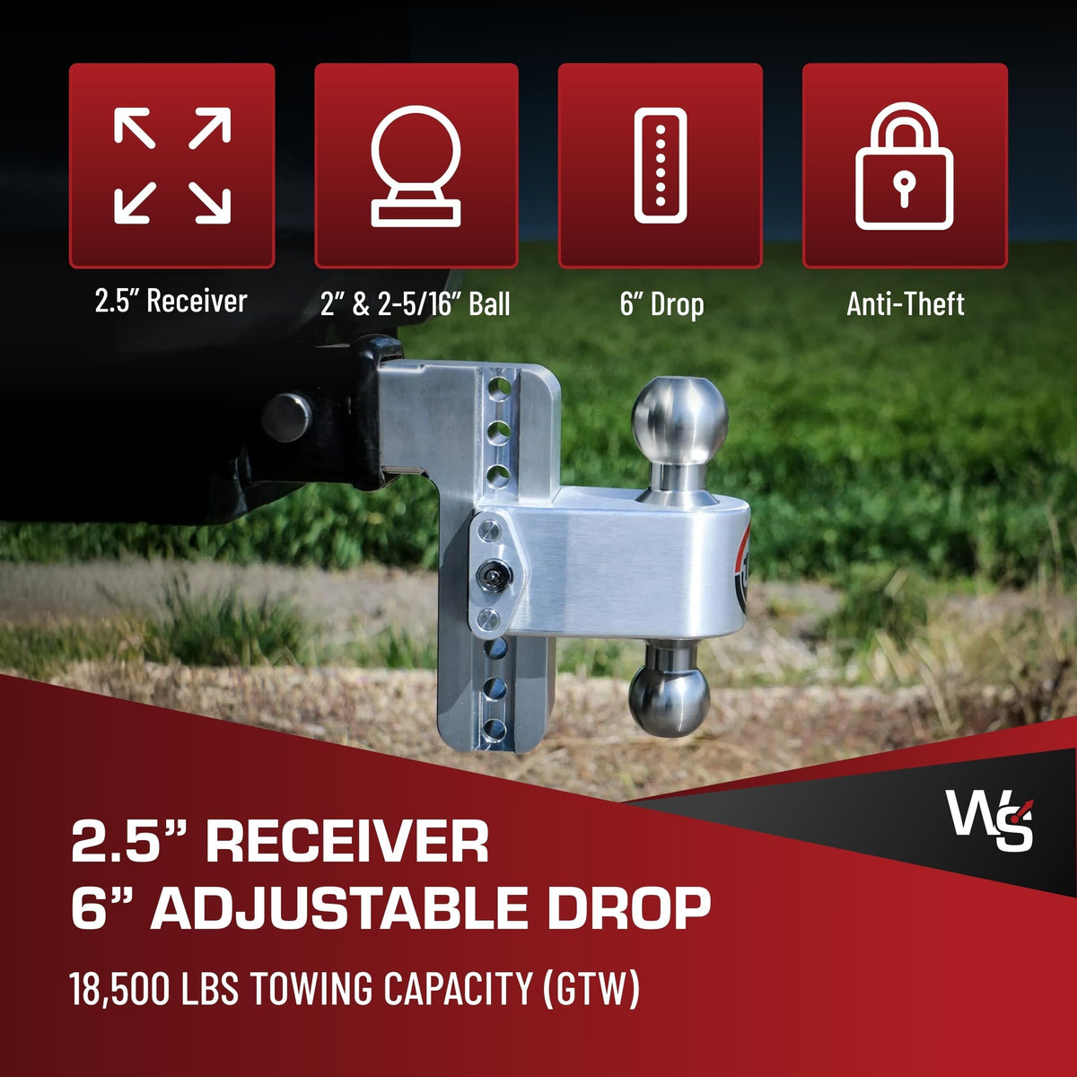 WEIGH SAFE CTB6-2.5-KA Weigh Safe Adjustable Trailer Hitch Ball Mount, 6" Adjustable Drop Hitch for 2.5" Receiver w/ 2 pc Keyed Alike Lock Set, Heavy Duty Aluminum Trailer Tow Hitch w/ Chrome Plated Tow Balls, 18,500 GTW