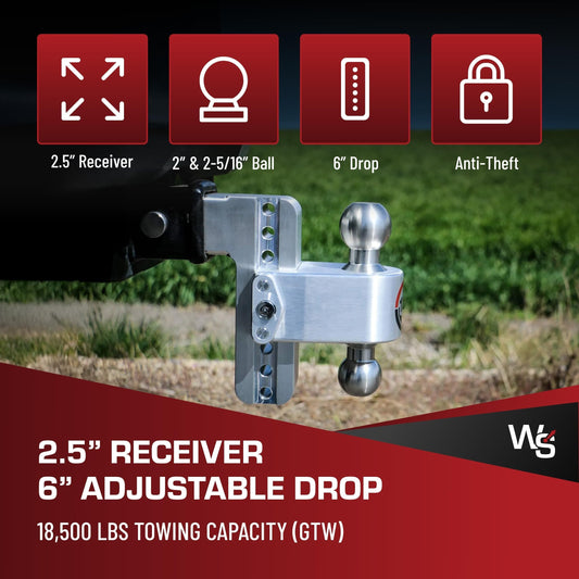 WEIGH SAFE CTB6-2.5-KA Weigh Safe Adjustable Trailer Hitch Ball Mount, 6" Adjustable Drop Hitch for 2.5" Receiver w/ 2 pc Keyed Alike Lock Set, Heavy Duty Aluminum Trailer Tow Hitch w/ Chrome Plated Tow Balls, 18,500 GTW