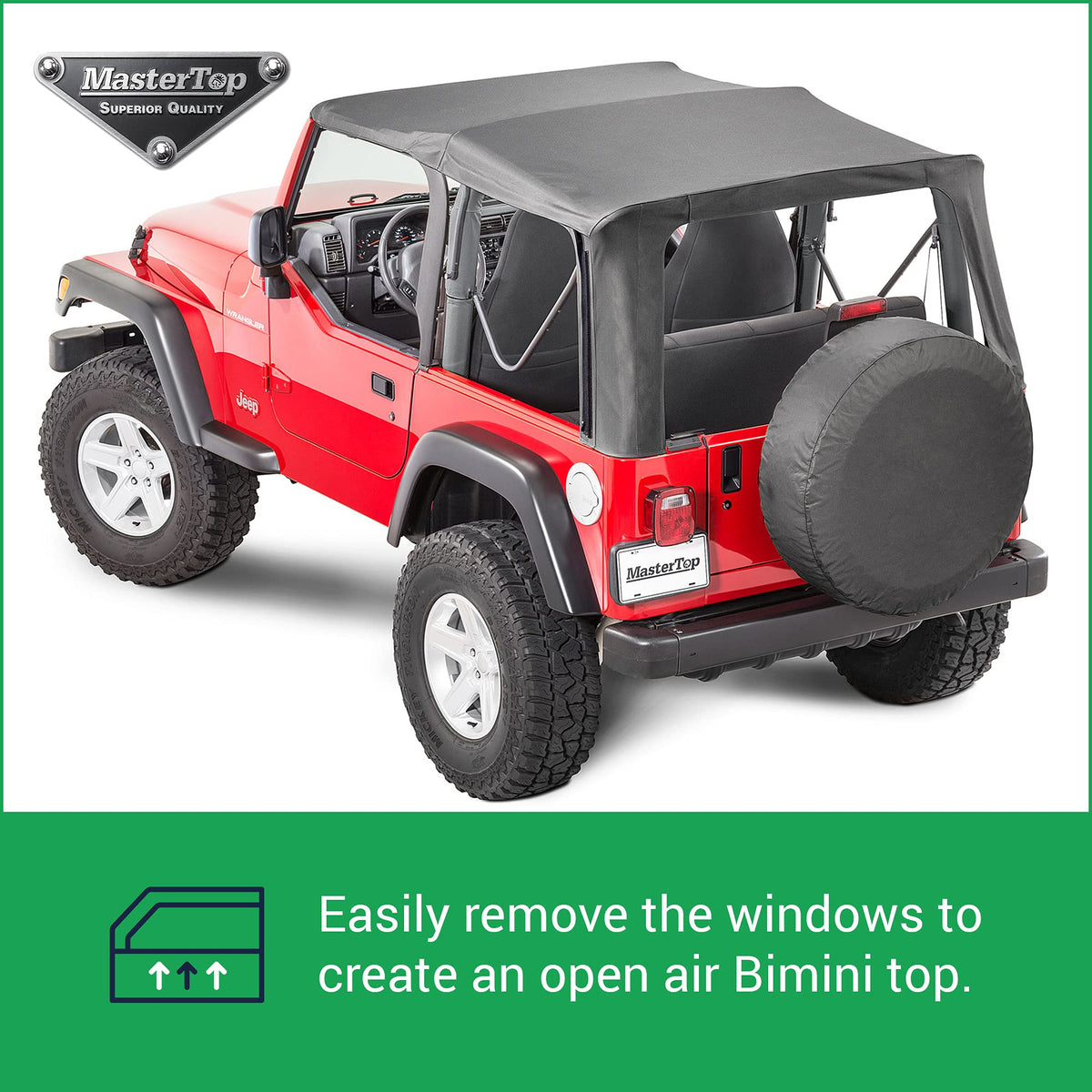 MASTERTOP 15111235 MasterTop Replacement Soft Top Fabric - Fits Jeep Wrangler TJ 1997-2006 - Jeep TJ Soft Top with Removeable Side Quarter & Rear Windows - (Black Diamond, With Upper Door Skins)