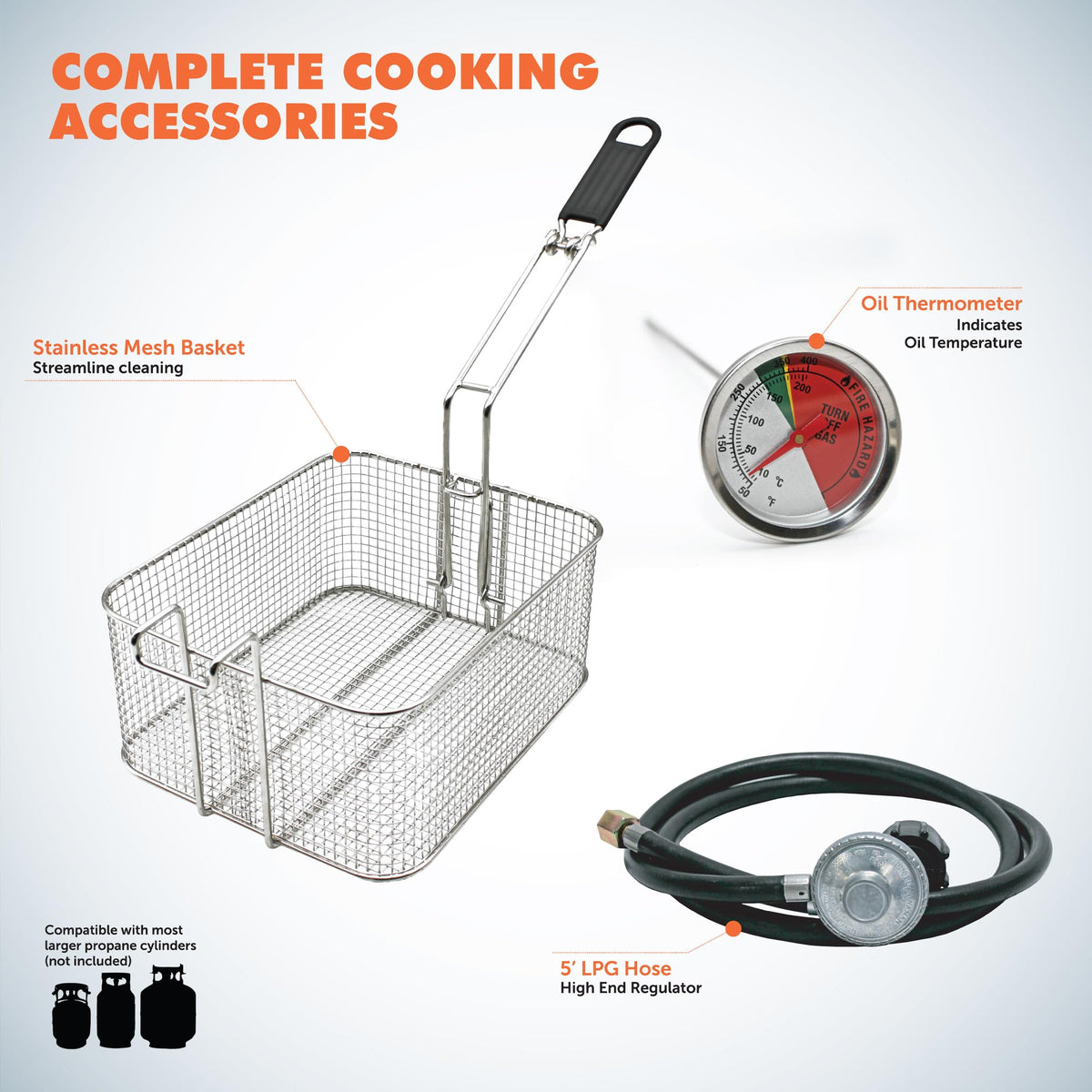 FLAME KING PROLEO Flame King Proleo Tabletop Propane Deep Fryer with Oil Thermometer, 2.5 Gallons Capacity, with 5-FT Propane Regulator Hose