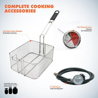 FLAME KING PROLEO Flame King Proleo Tabletop Propane Deep Fryer with Oil Thermometer, 2.5 Gallons Capacity, with 5-FT Propane Regulator Hose