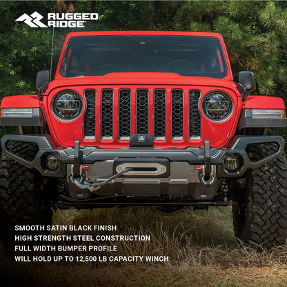 RUGGED RIDGE 11549.42 Rugged Ridge Venator Bumper, Front for Jeep Wrangler/Gladiator | Full Width w/Winch Tray, Steel, Black | 11549.42 | Fits 2018-2025 Jeep Wrangler JL; 2020-2025 Jeep Gladiator JT