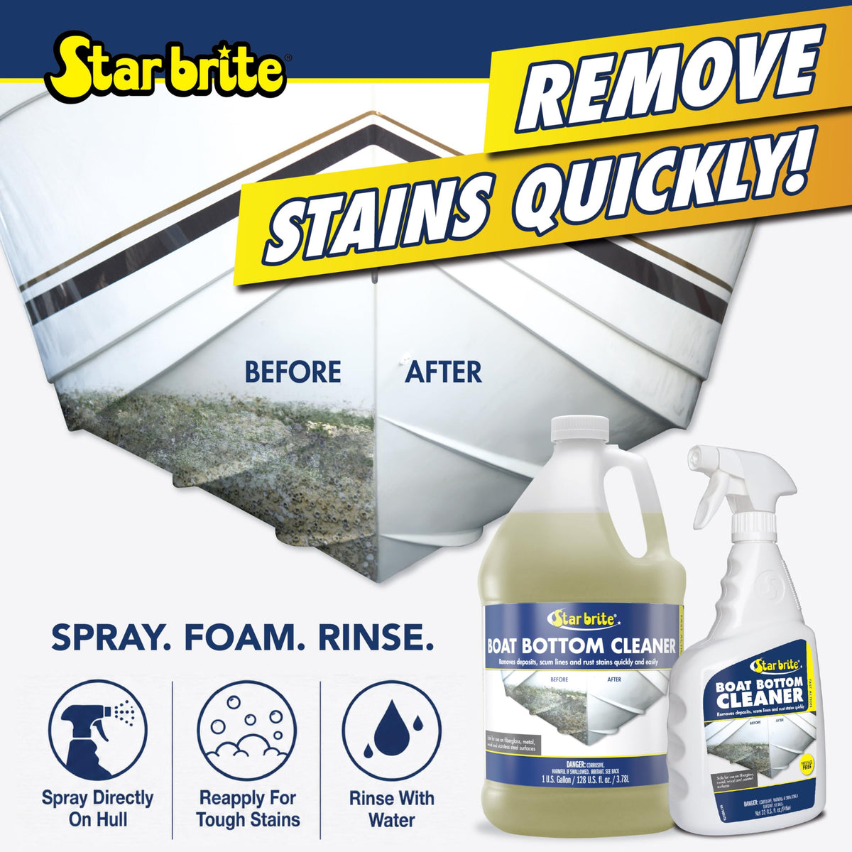 STAR BRITE 092200 STAR BRITE Heavy Duty Boat Bottom Cleaner - Remove Tough Deposits, Scum Lines & Rust Stains Quickly & Easily from Boat Hull - Ideal for Fiberglass, Wood, Iron & Painted Surfaces