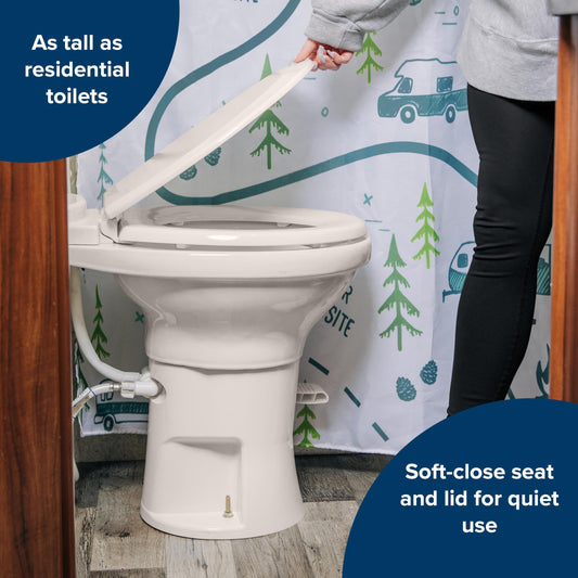 CAMCO 41715 Camco Premium Ceramic Camper/RV Toilet - Features Gravity Flush System w/Convenient Foot Pedal - Full-Sized Ergonomic Design w/18 Chair Height - Soft-Close Wood Seat & Lid - Bone (41715)