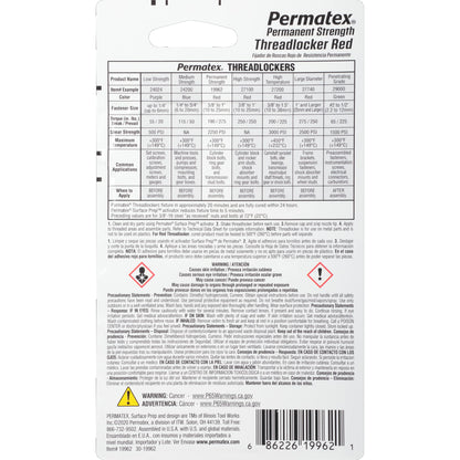PERMATEX 19962 Permatex 19962 Permanent Strength Threadlocker Red, 6 ml