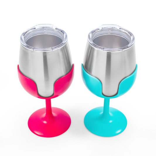 CAMCO 51915 Camco Life is Better at The Campsite 8 oz Wine Tumbler 2 Pack - Heavy Duty Double Wall Vacuum Insulation - Crafted of 18/8 Stainless Steel - Features Removable Blue & Pink Stems (51915)