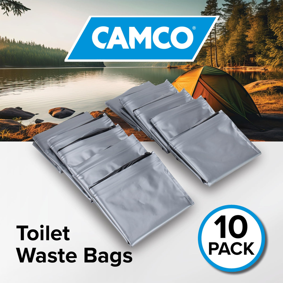 CAMCO 41548 Camco Toilet Waste Bags - Features a Biodegradable Powder & Leak Proof Double Bag Design - Great for Camping, RVing, Hiking, or Boating - 10-Pack (41548)