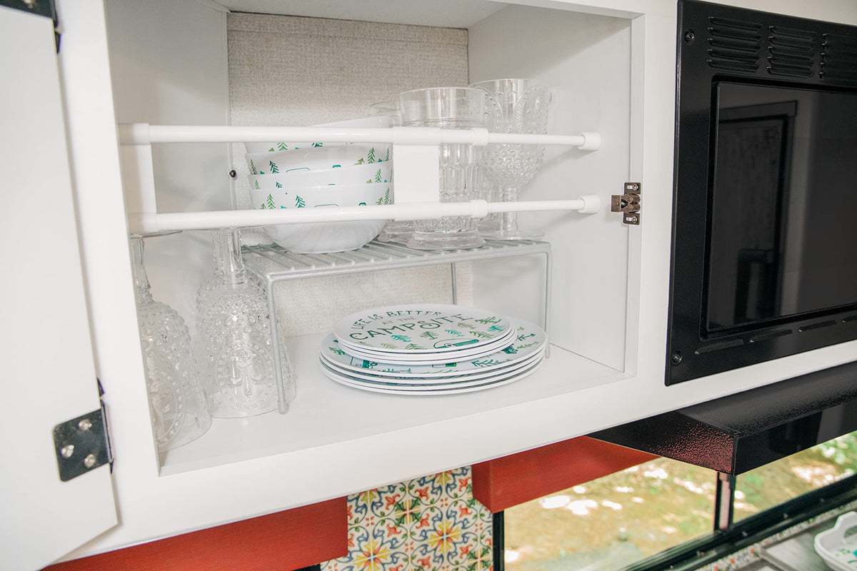 CAMCO 44074 Camco 34" Double RV Refrigerator Bar -Holds Food and Drinks in Place During Travel - Prevents Messy Spills - Spring Loaded and Extends Between 19" and 34" - White (44074)