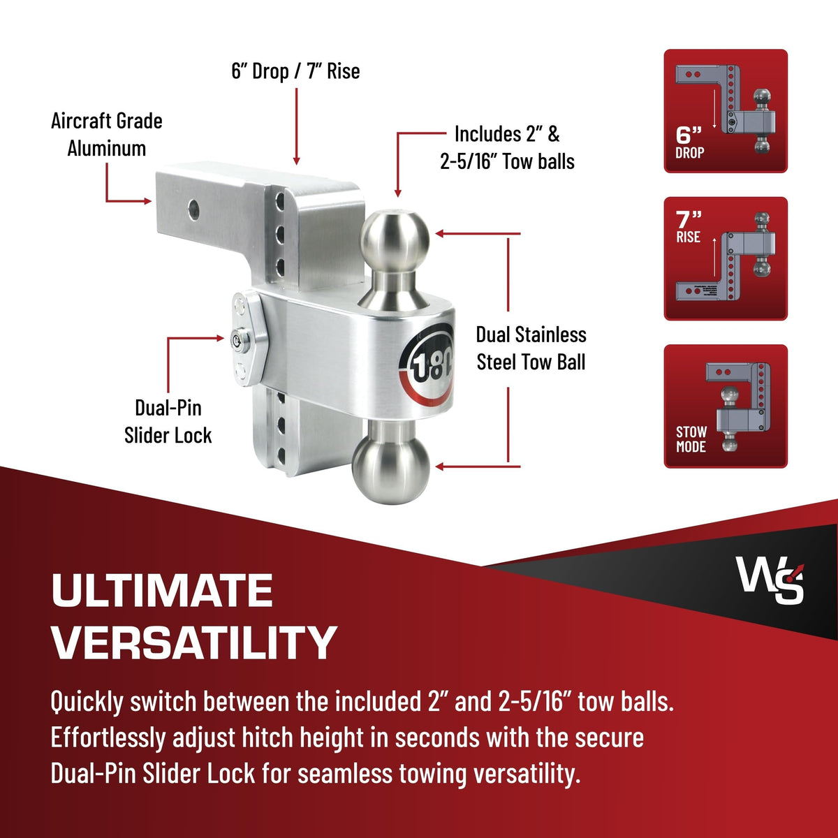 WEIGH SAFE LTB6-2.5-KA Weigh Safe Adjustable Trailer Hitch Ball Mount, 6" Adjustable Drop Hitch for 2.5" Receiver w/ 2 pc Keyed Alike Lock Set, Heavy Duty Aluminum Trailer Tow Hitch w/ Stainless Steel Tow Balls, 18,500 GTW