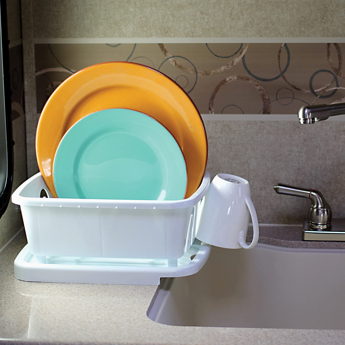 CAMCO 43511 Camco RV Mini Dish Drainer & Tray - Features a Sloped Drain Tray Design, Heavy-Duty Construction - Ideal for Small Spaces, Apartments, Boats, and More -9.5"L x 11.7"W x 4.75"H - White (43511)