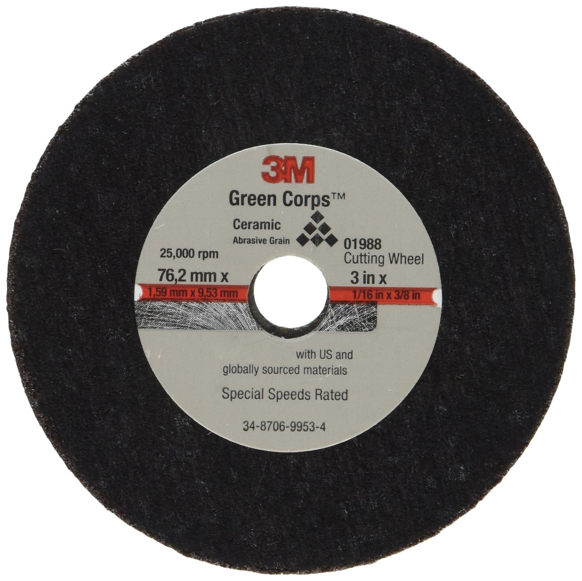 3M 01988 3M General Purpose Cut-Off Wheel, 01988, 3 in x 1/16 in x 3/8 in, 50 per case