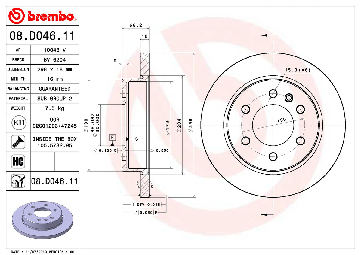 BREMBO 08D04611C02 Brembo 08.D046.11 UV Coated solid Rear Brake Rotor MERCEDES-BENZ OE# A9104232100