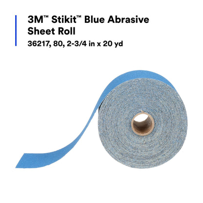 3M 36217 3M Stikit Blue Abrasive Sheet Roll, 36217, 80+ Grade, 2-3/4 in x 20 yd