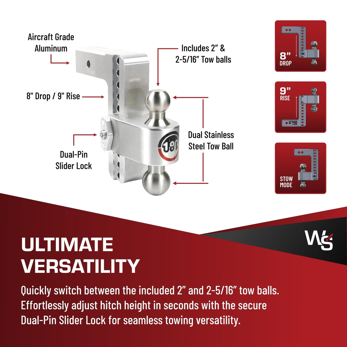 WEIGH SAFE LTB8-2.5-KA Weigh Safe Adjustable Trailer Hitch Ball Mount, 8" Adjustable Drop Hitch for 2.5" Receiver w/2 pc Keyed Alike Lock Set, Heavy Duty Aluminum Trailer Tow Hitch w/Stainless Steel Tow Balls,18,500 lbs GTW