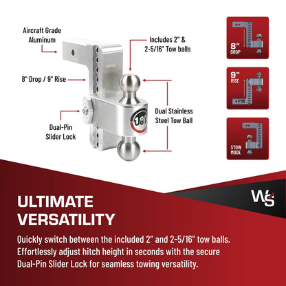 WEIGH SAFE LTB8-2.5-KA Weigh Safe Adjustable Trailer Hitch Ball Mount, 8" Adjustable Drop Hitch for 2.5" Receiver w/2 pc Keyed Alike Lock Set, Heavy Duty Aluminum Trailer Tow Hitch w/Stainless Steel Tow Balls,18,500 lbs GTW