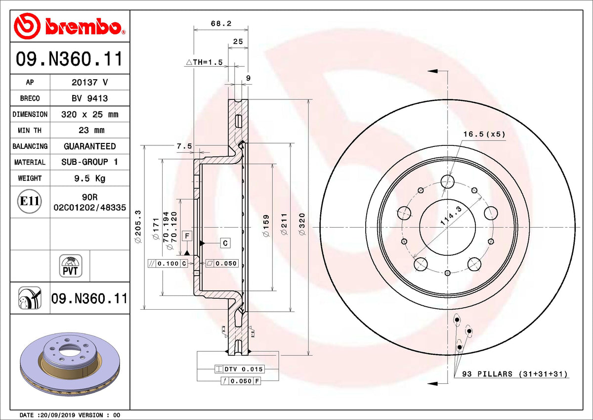BREMBO 09N36011C02 Brembo 09.N360.11 UV Coated Pillar Vented Brake Rotor TESLA OE# 104461100D