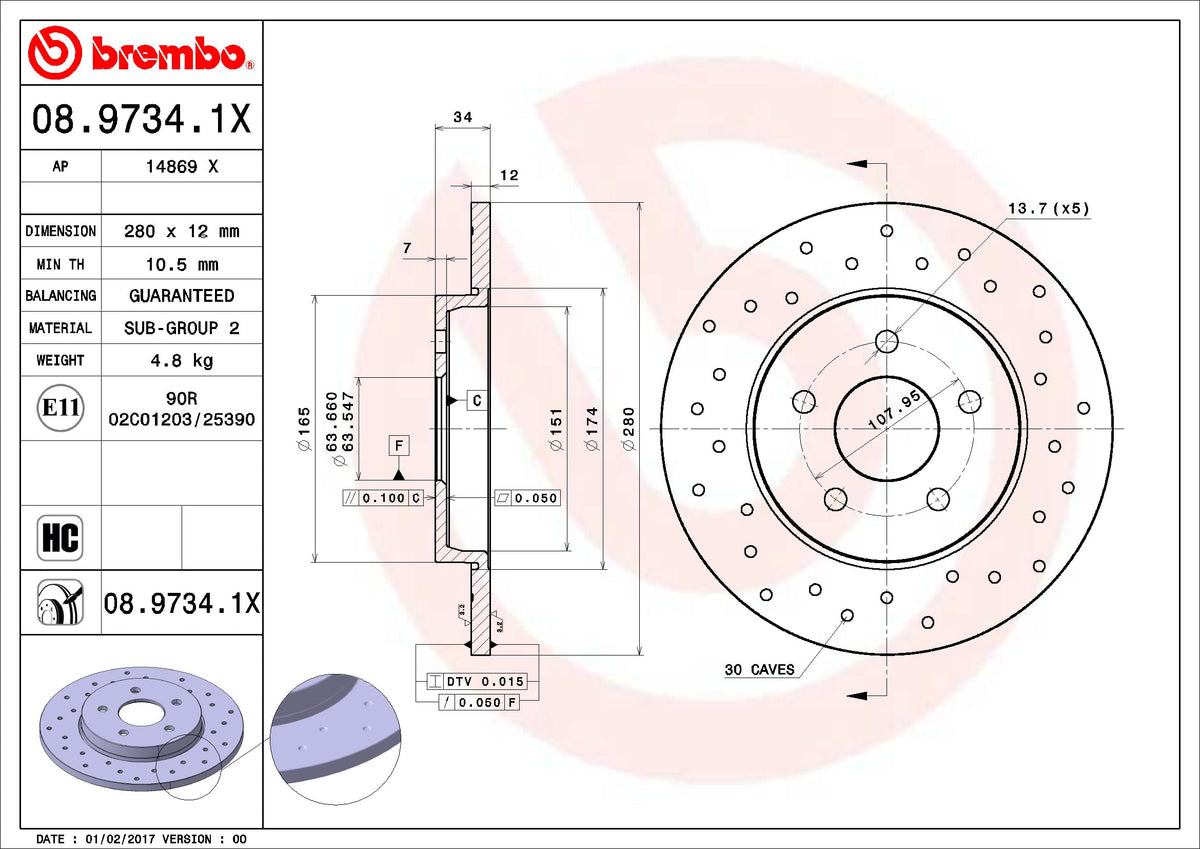 BREMBO 0897341XC02 Brembo 08.9734.1X Xtra UV Coated solid drilled Rear Brake Rotor FORD/FORD (CHANGAN)/JAGUAR OE# 1676983