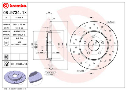 BREMBO 0897341XC02 Brembo 08.9734.1X Xtra UV Coated solid drilled Rear Brake Rotor FORD/FORD (CHANGAN)/JAGUAR OE# 1676983