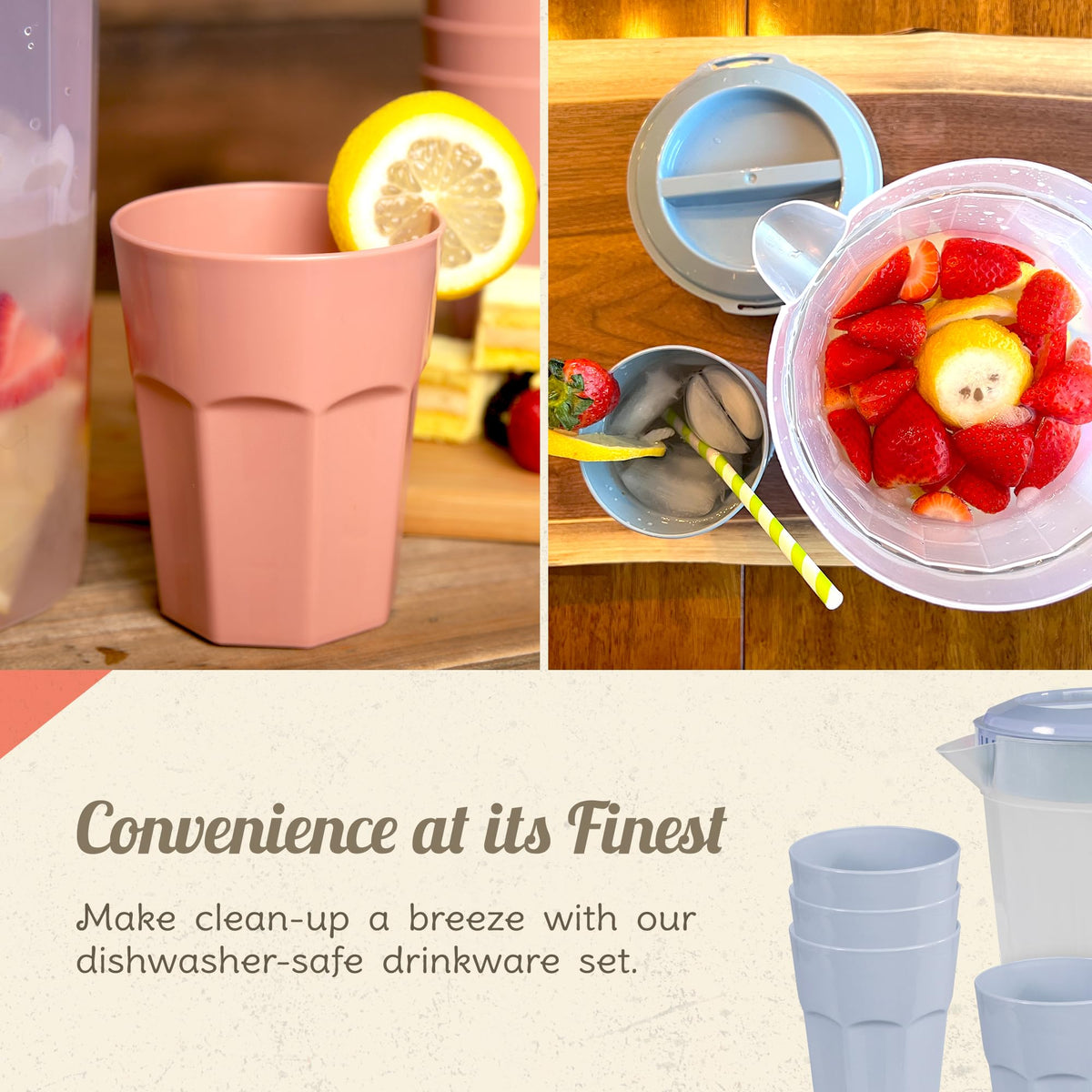 CAMP CASUAL CC-013RR Plastic Pitcher Set - 1 Pitcher with Lid & 4 Camping Cups for Travel, Parties, & Picnics - Sturdy, BPA Free, Dishwasher Safe - 84 oz Water Pitcher & 14.5 oz Cups (Rustic Red)