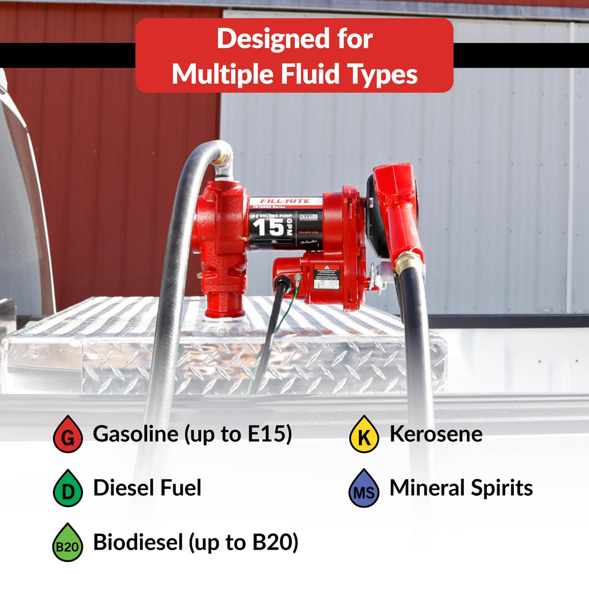 FILL RITE FR1210HA Fill-Rite FR1210HA 12V 15 GPM Fuel Transfer Pump with Discharge Hose & Automatic Nozzle, Red | Gasoline, Diesel, Kerosene, Ethanol & Methanol Blends & Biodiesel