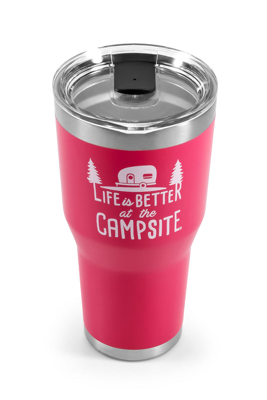 CAMCO 53062 Camco Life is Better at The Campsite Tumbler | Heavy Duty Double Wall Vacuum Insulation | Crafted of 18/8 Stainless Steel | Unique “Life is Better at The Campsite” Design on Coral Pink | 30-oz (53062)